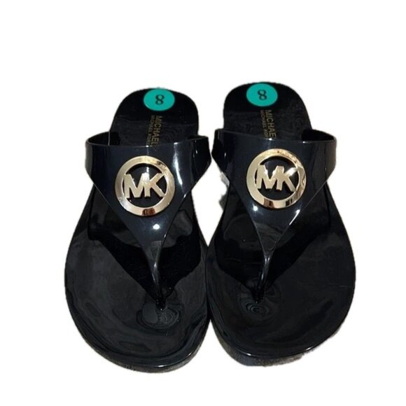 Michael Kors Lillie Jelly Thong Flat Sandal Black Gold Medallion Logo Sz 8  NWB - Picture 3 of 6